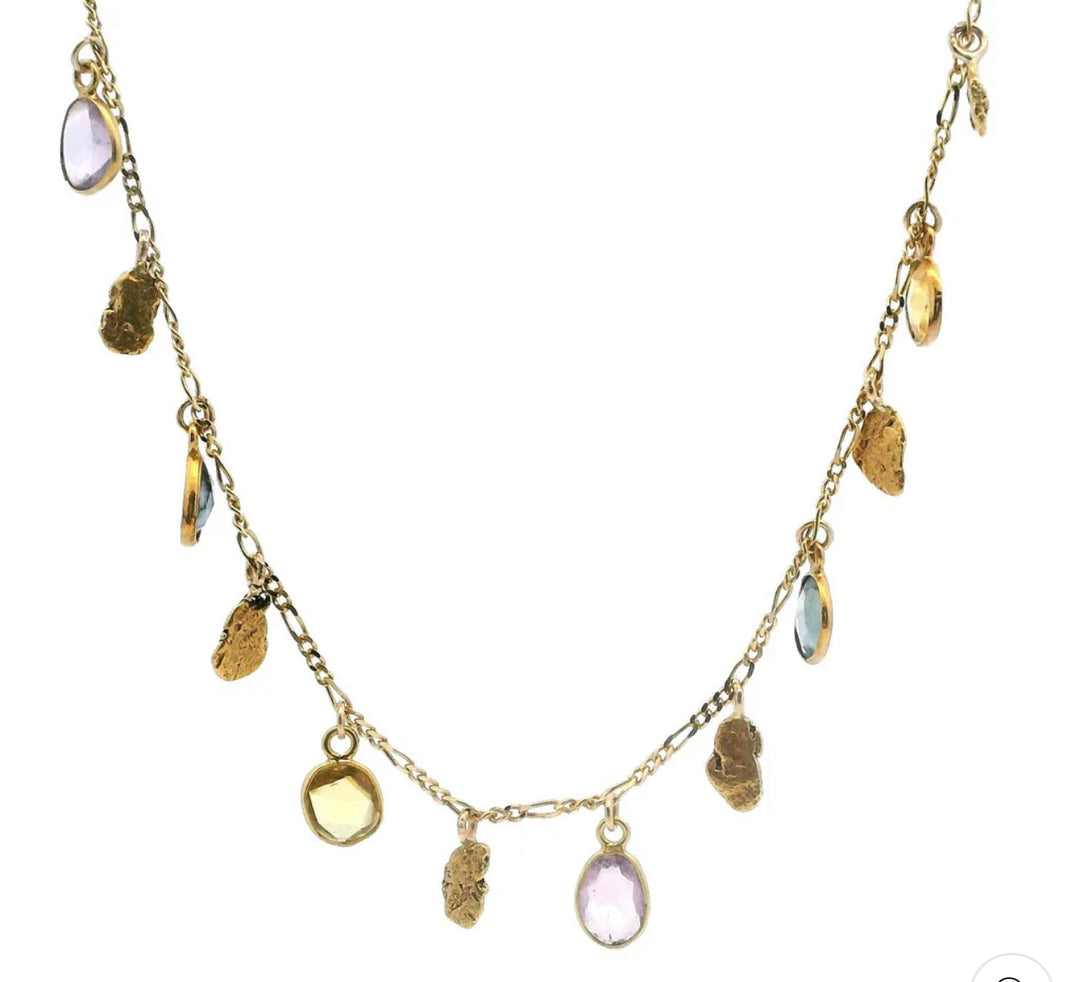 NC33-D6 Color Sapphires Dangle Drop with Alaskan Gold Necklace fishingforgold