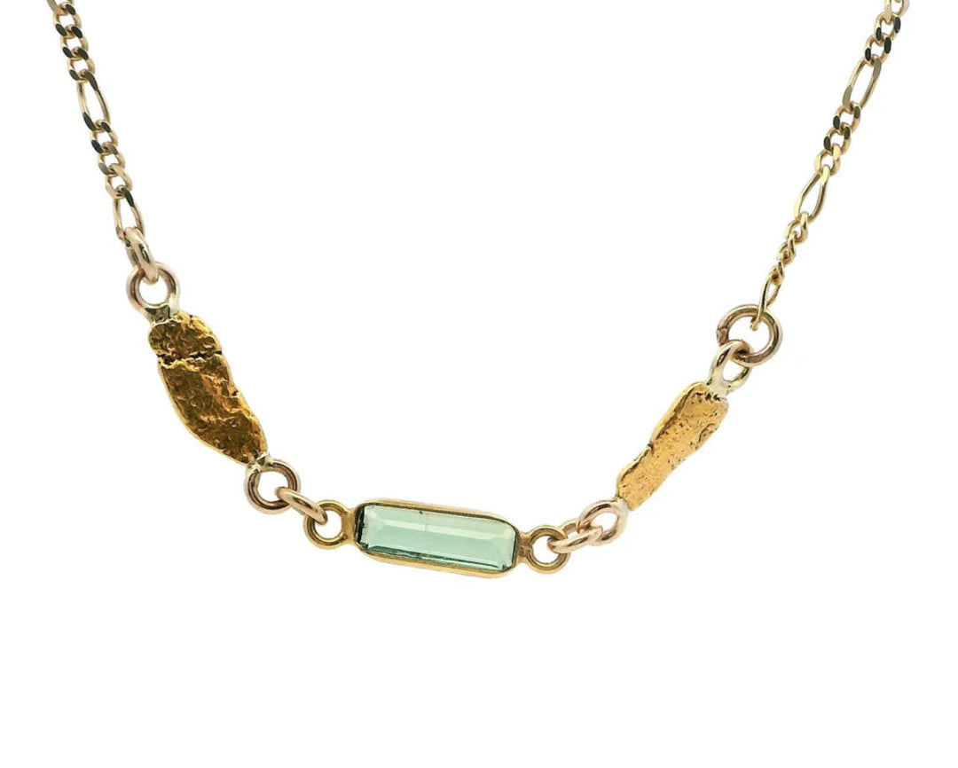 NC30-1 Light Green Tourmaline and Alaskan Gold Nuggets Necklace fishingforgold