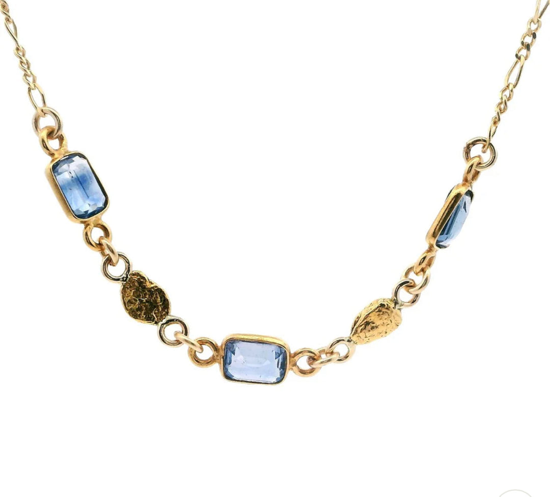 NC25-3 Blue Berry Alaskan Gold Nugget Necklace Emerald Cut Light Blue Sapphires fishingforgold