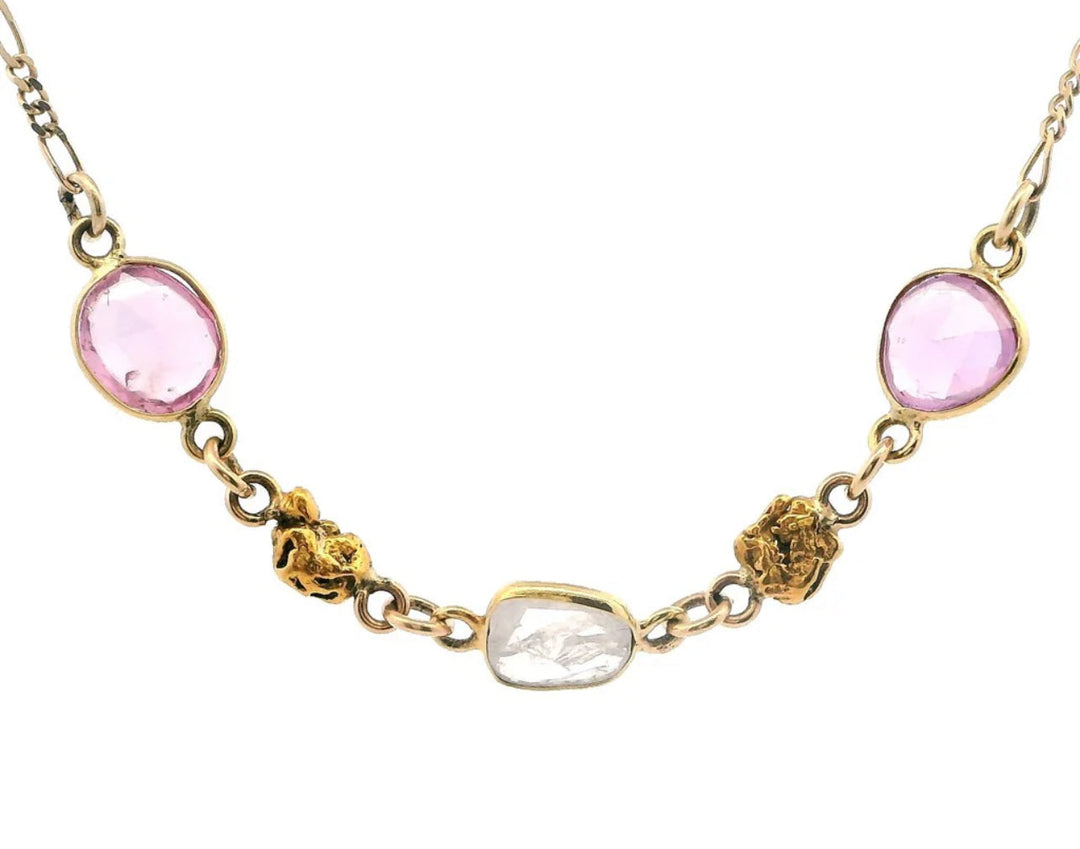 NC28-2 Pink Sapphire and Diamond Slab Necklace with Alaskan Nuggets fishingforgold