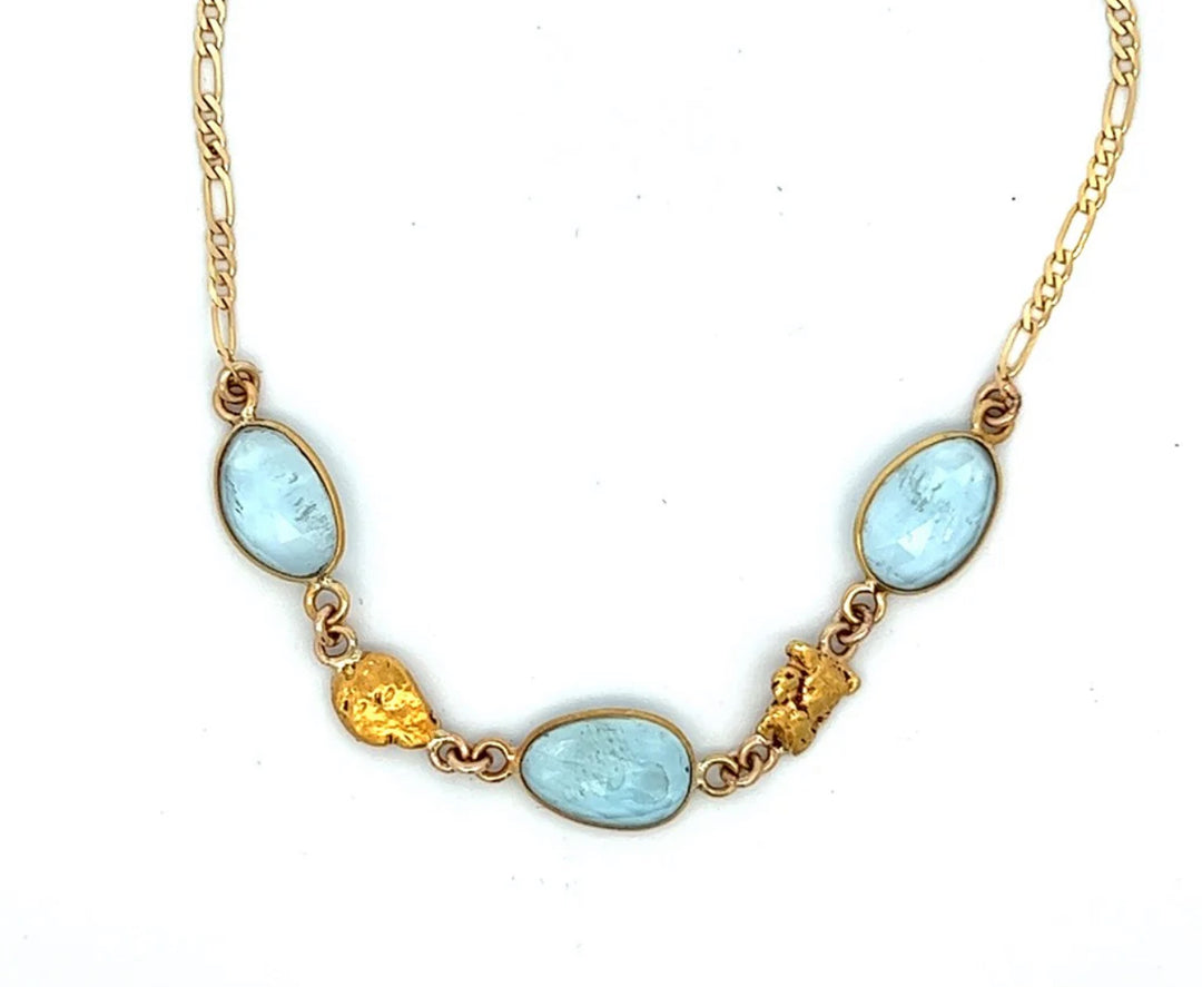 NC39-3 Aqua and Alaskan Gold Nugget Necklace