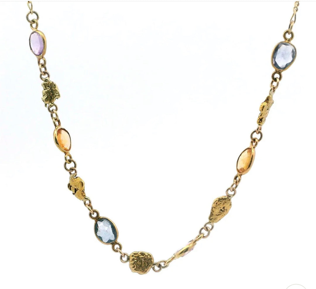 NC33-6 Alaskan Gold Nugget Necklace Partial Continual 18 " Long On a 14kty Figaro Chain with 18kty wrapped Color Sapphires fishingforgold