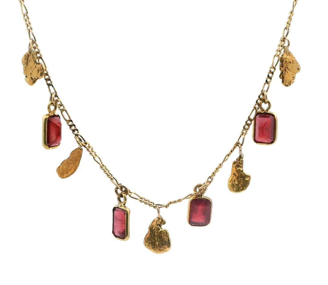 NC34-4 Emerald Cut Rubies and Alaskan Gold Nugget Necklace fishingforgold