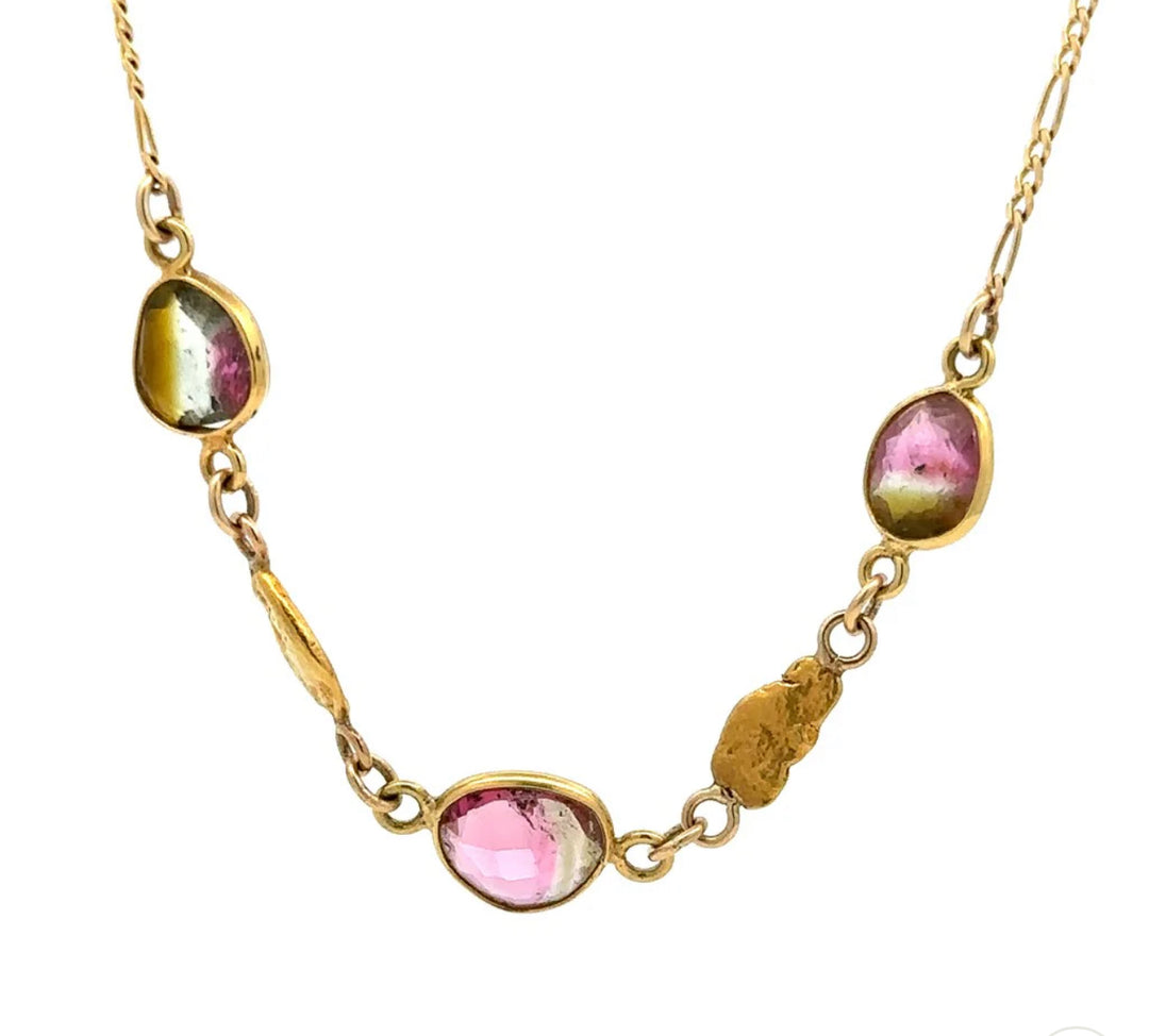 NC27-3 Watermelon Tourmaline Wrapped with 18kt & Nuggets 14kt Chain