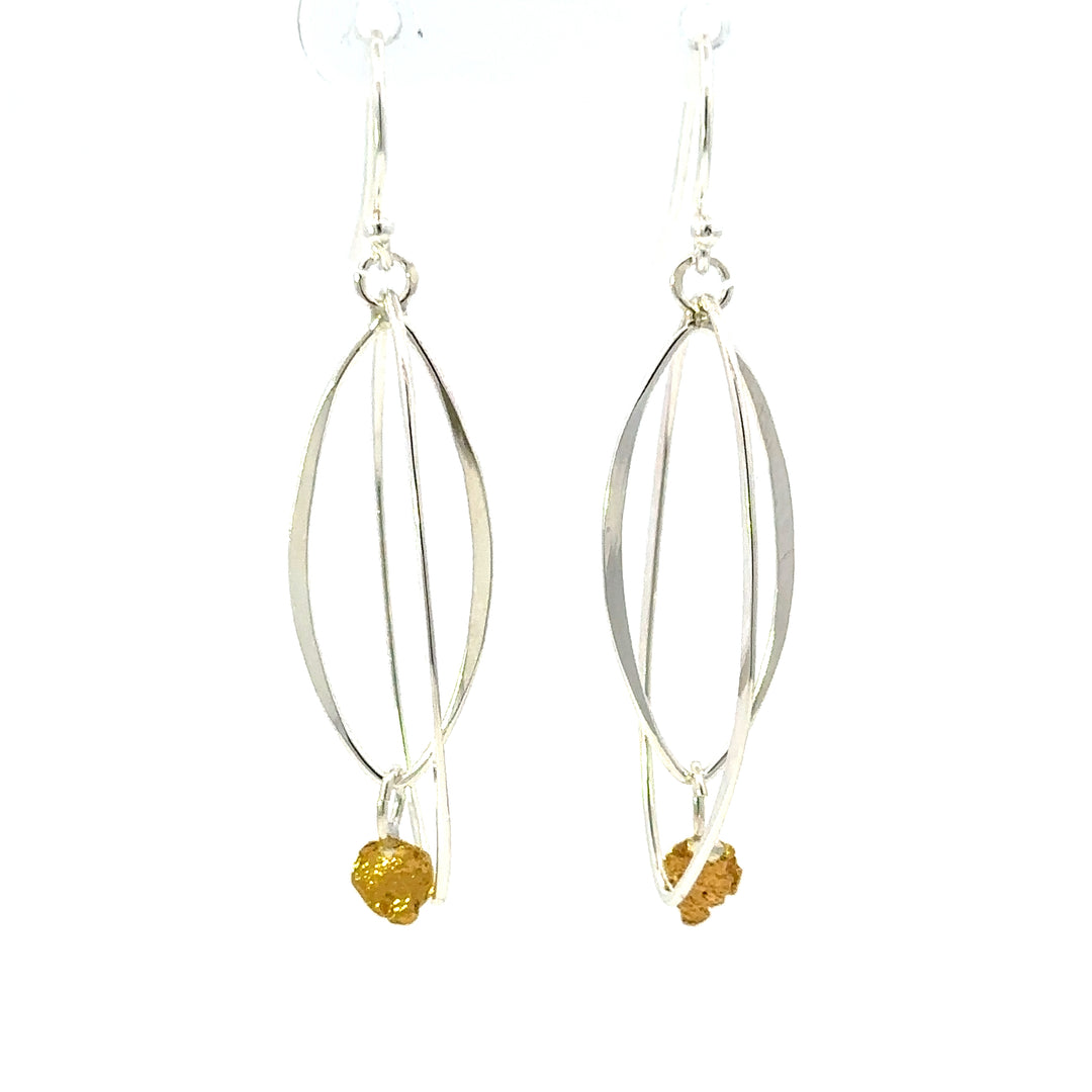 EW136 Silver Dual Oval Dangle Earrings with Gold Nugget Accent