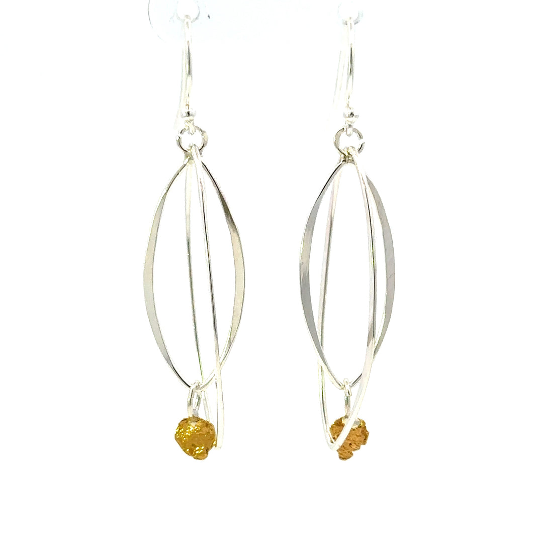 EW136 Silver Dual Oval Dangle Earrings with Gold Nugget Accent fishingforgold