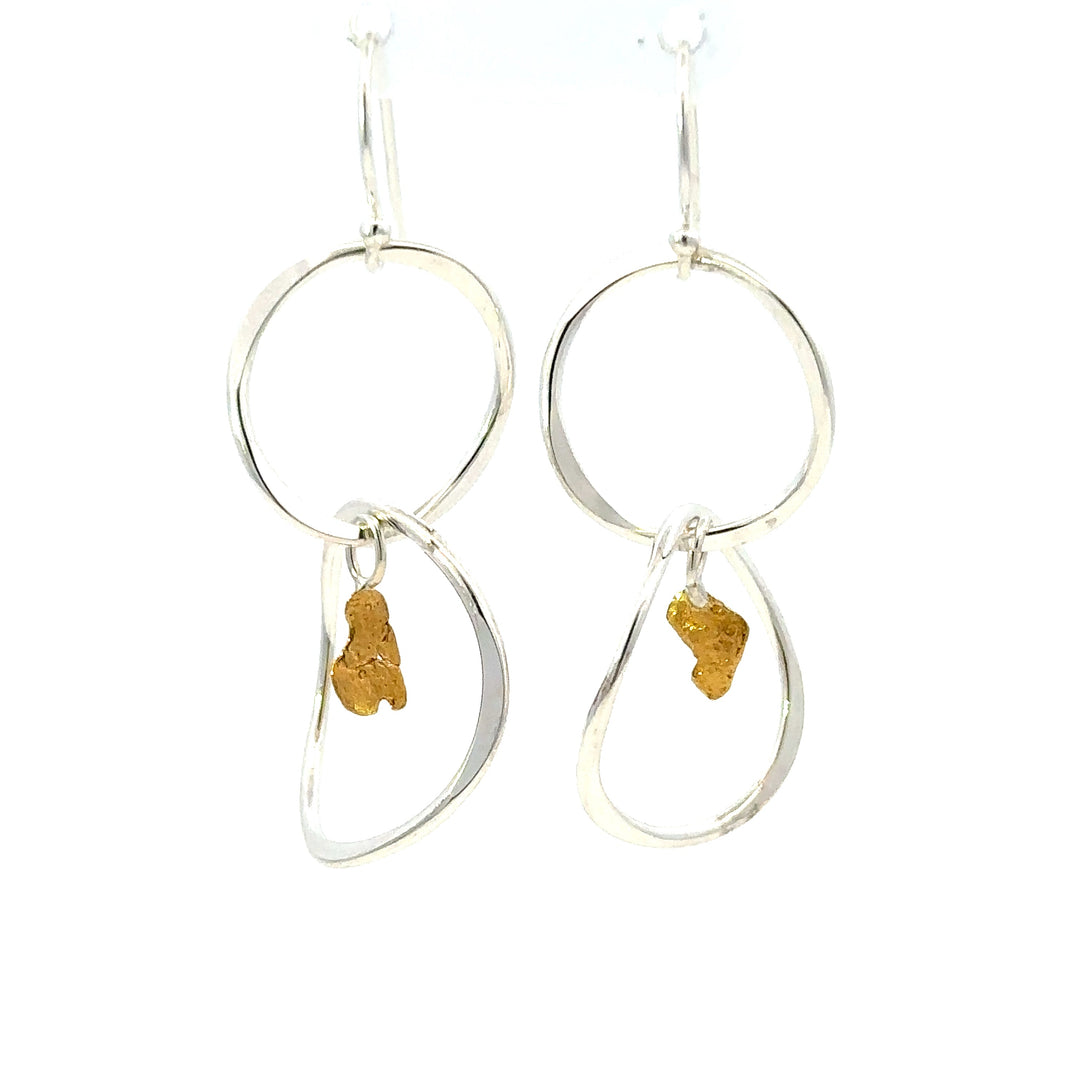 EW142 Two Hoop Silver Dangle Earring with Gold Nugget Fishing For Gold