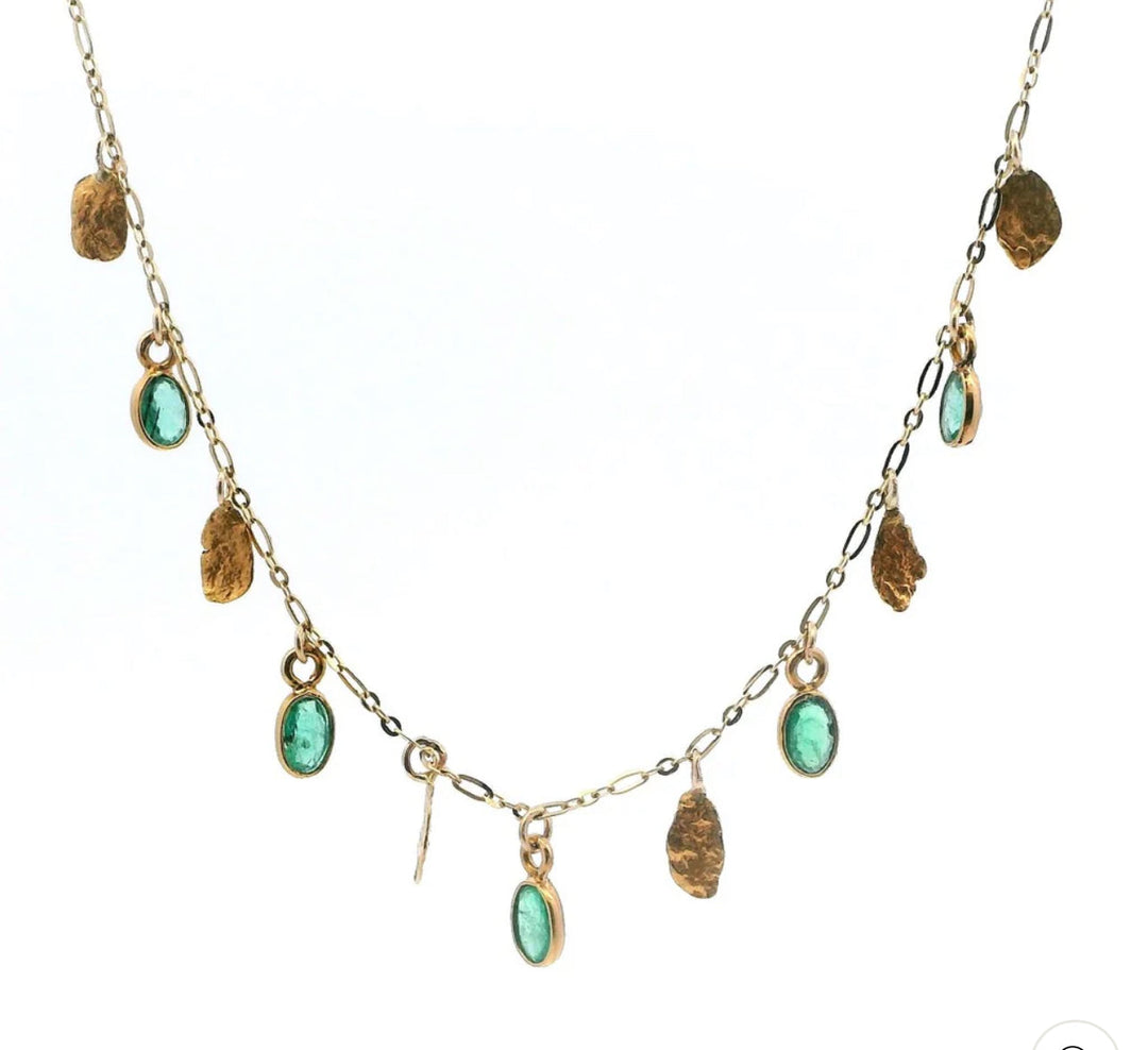 NC42-D5 Light Green Emeralds and Alaskan Gold Nugget Necklace fishingforgold