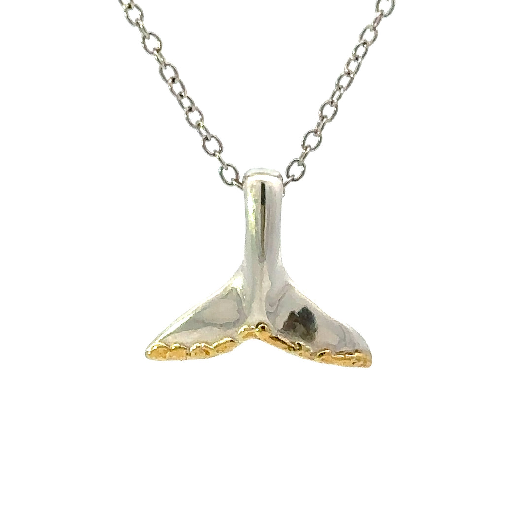 N063 Silver Whale Tail Pendant with Gold Nugget Detailing Fishing For Gold
