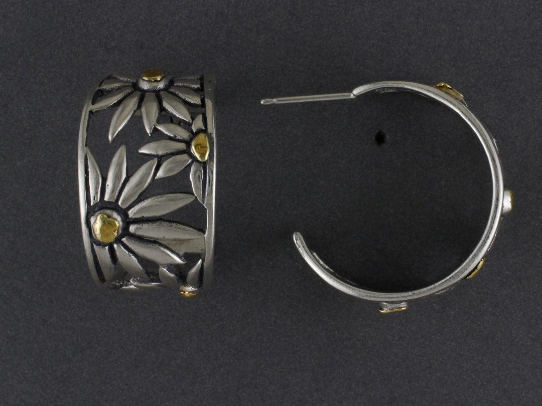 EP433 Silver Flower Hoops Sunflowers with Accents Alaskan Gold Nuggets Fishing For Gold