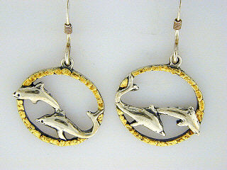 EW068 Two Dolphins Earring Wires .925 with Alaskan Gold Nuggets Fishing For Gold
