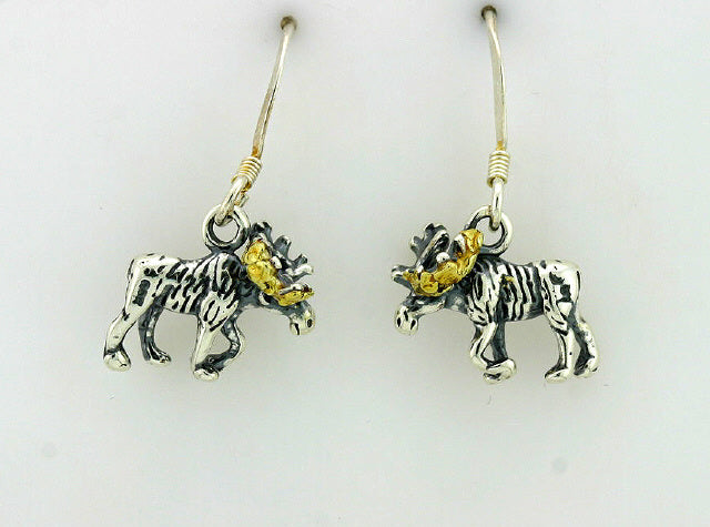 EW094 Moose Earring Wires .925 with Alaskan Gold Nuggets Fishing For Gold