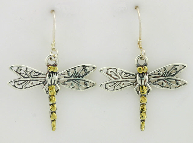 EW162 Dragonfly Earring Wires .925 with Alaskan Gold Nuggets Fishing For Gold