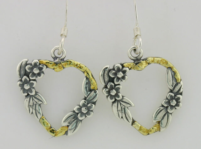 EW174 Heart Flower Earring Wires .925 with Alaskan Gold Nuggets