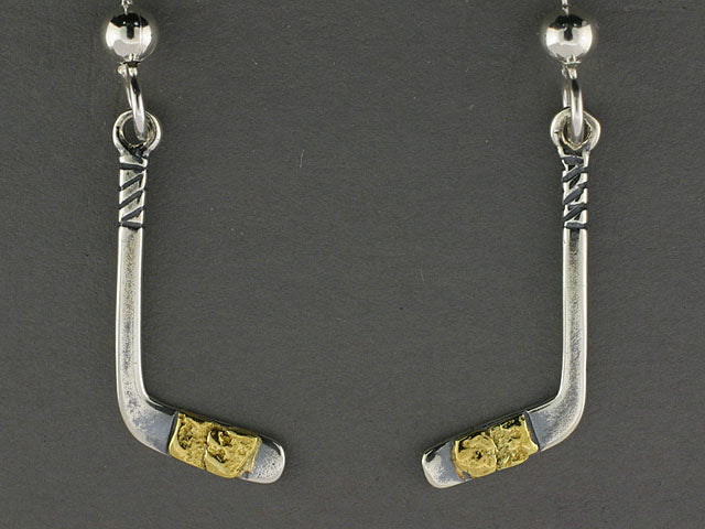 EW571 Hockey Stick Med Earwires Silver with Nuggets Fishing For Gold