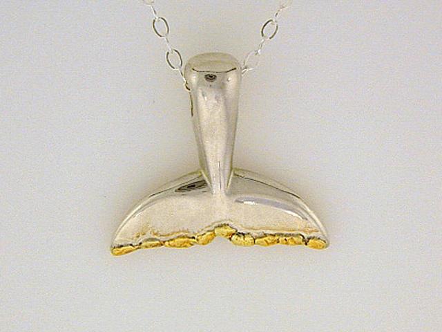 N061 Whale Tail Large pendant .925 with Alaskan Gold Nuggets