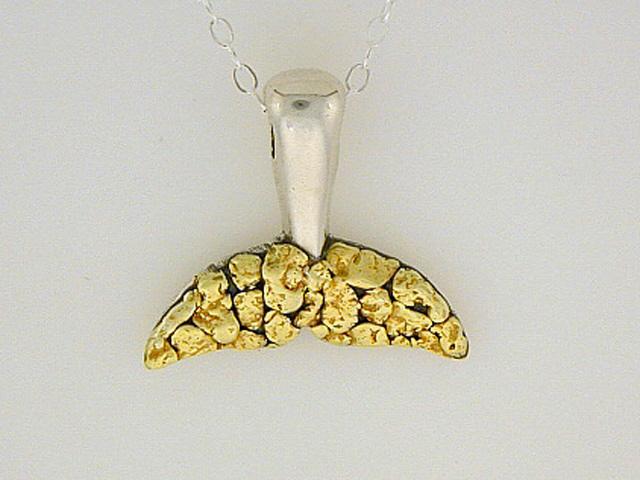N062 Whale Tail All Large pendant .925 with Alaskan Gold Nuggets