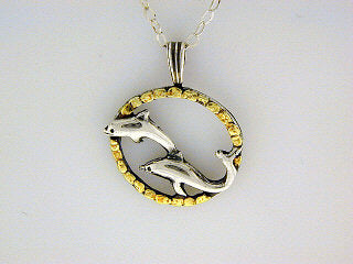 N079 Double Dolphin In Circle Necklace .925 with Alaskan Gold Nuggets