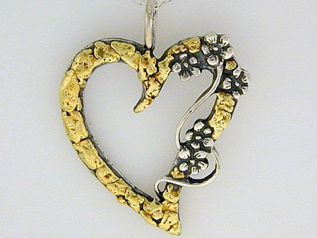N102 Heart with/Flower Large Necklace .925 with Alaskan Gold Nuggets Fishing For Gold