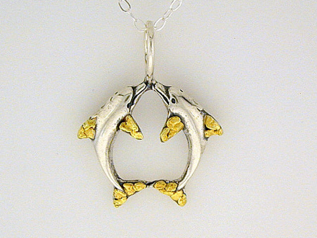 N104 Dolphin Double Necklace .925 with Alaskan Gold Nuggets Fishing For Gold