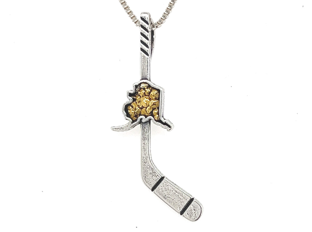 N504SN Hockey Stick Pendant with State of Alaska & Alaskan Gold Nuggets