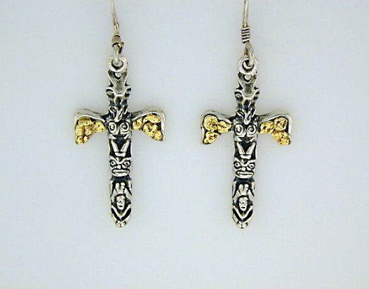 EW097 Totem Large Earring Wires .925 with Alaskan Gold Nuggets