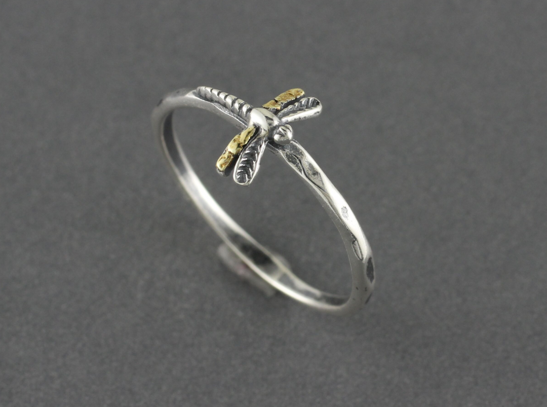 R02021 Silver Dragonfly Ring with Alaskan Gold Nuggets