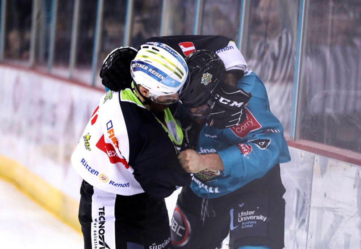 Hunter Bishop Playing For Belfast Giants vs Imants Lescovs Continental Cup fight 16-11-18