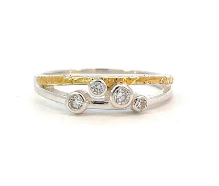 R404SN-DIA Diamond & Gold Nugget Dual Layer Ring with Silver Band