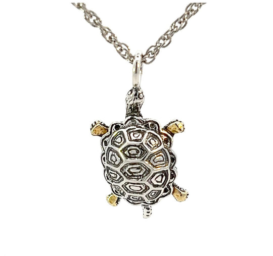 N007 Beautiful Silver Turtle highlighted with Gold Nuggets Pendant