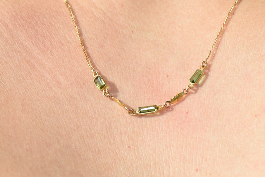 NC30-3 Light Green Tourmaline and Alaskan Gold Nuggets Necklace
