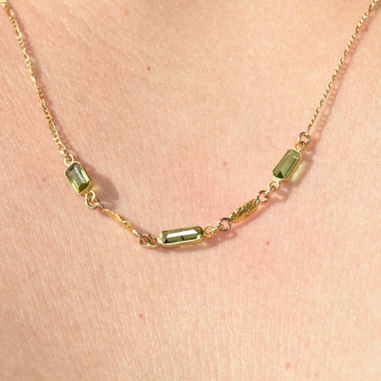 NC30-3 Light Green Tourmaline and Alaskan Gold Nuggets Necklace