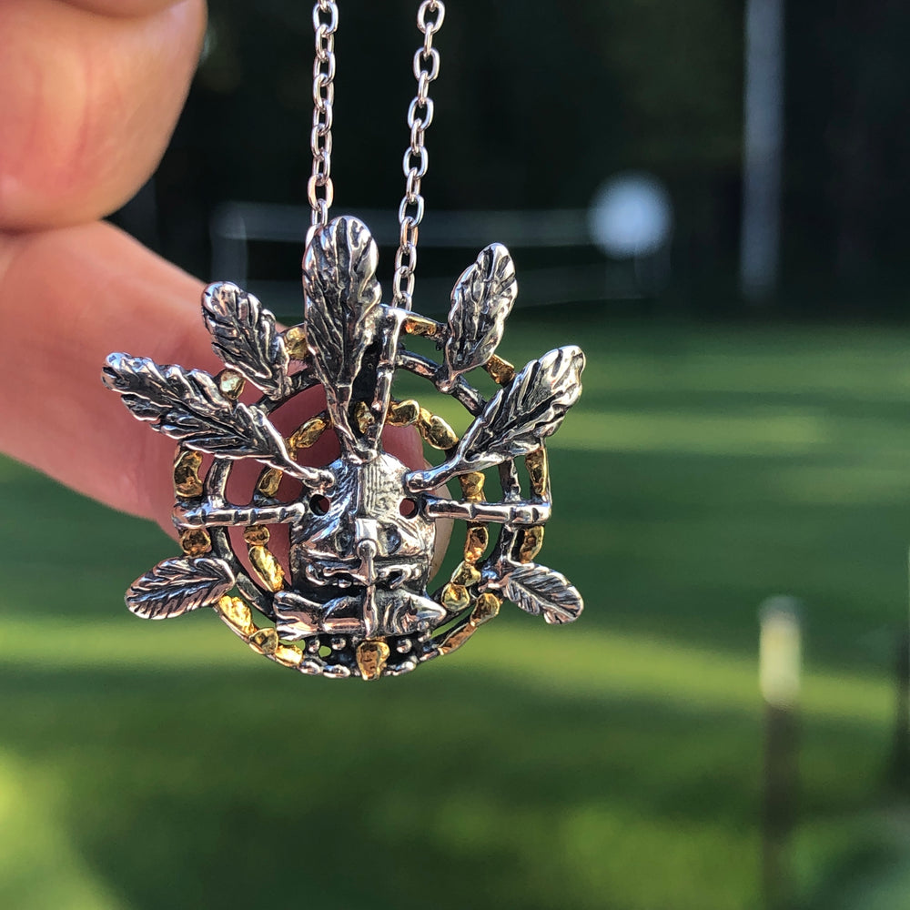 N040  Native Grizzly Mask pendant .925 with Alaskan Gold Nuggets