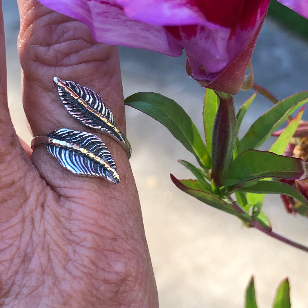R02908  Two Leaves Silver Ring Adjustable with Alaskan Gold Nuggets