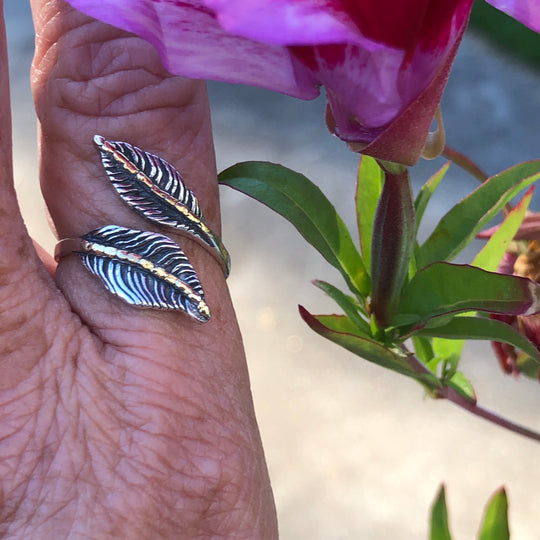 R02908  Two Leaves Silver Ring Adjustable with Alaskan Gold Nuggets