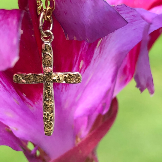 N344  Cross Small 14kt Necklace with Alaskan Gold Nuggets