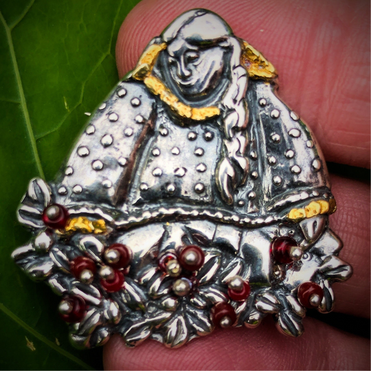 P020-R  Red Berry Picker Brooch .925 with Alaskan Gold Nuggets