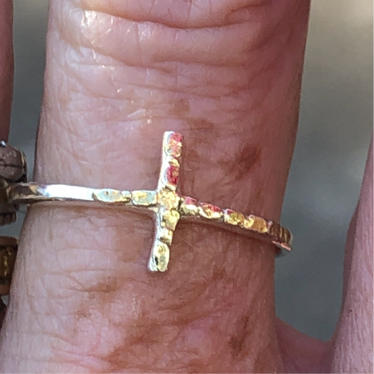 R02712  Silver Cross Ring with Nuggets