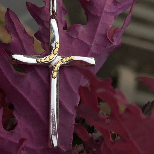 N123  Large Silver Curve Cross with Alaskan Gold Nuggets