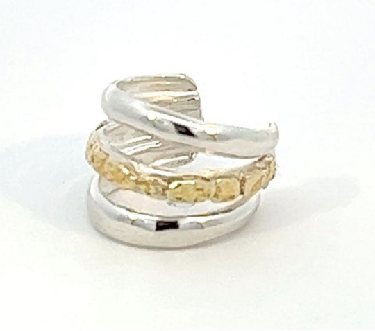 EC005   Silver Ear Cuff Three Bars with Alaskan Gold Nuggets