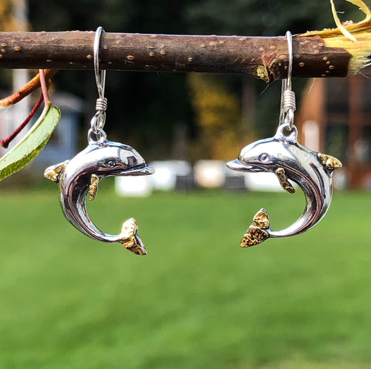 EW077  Dolphin Large Earring Wires .925 with Alaskan Gold Nuggets