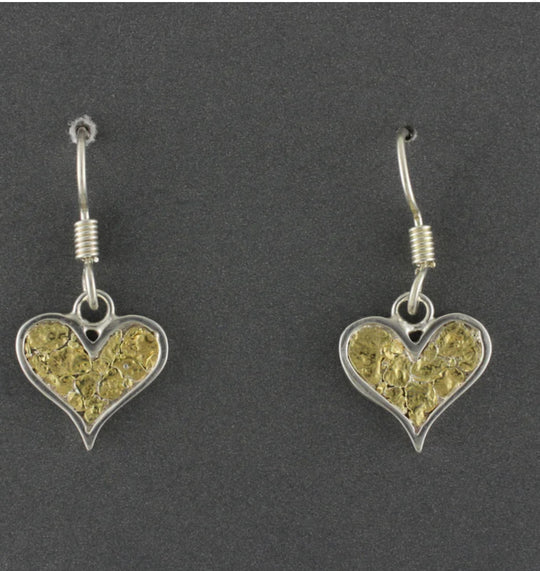 EW199  Silver Heart Channel Nuggets Earring Dangles with Alaskan Gold Nuggets