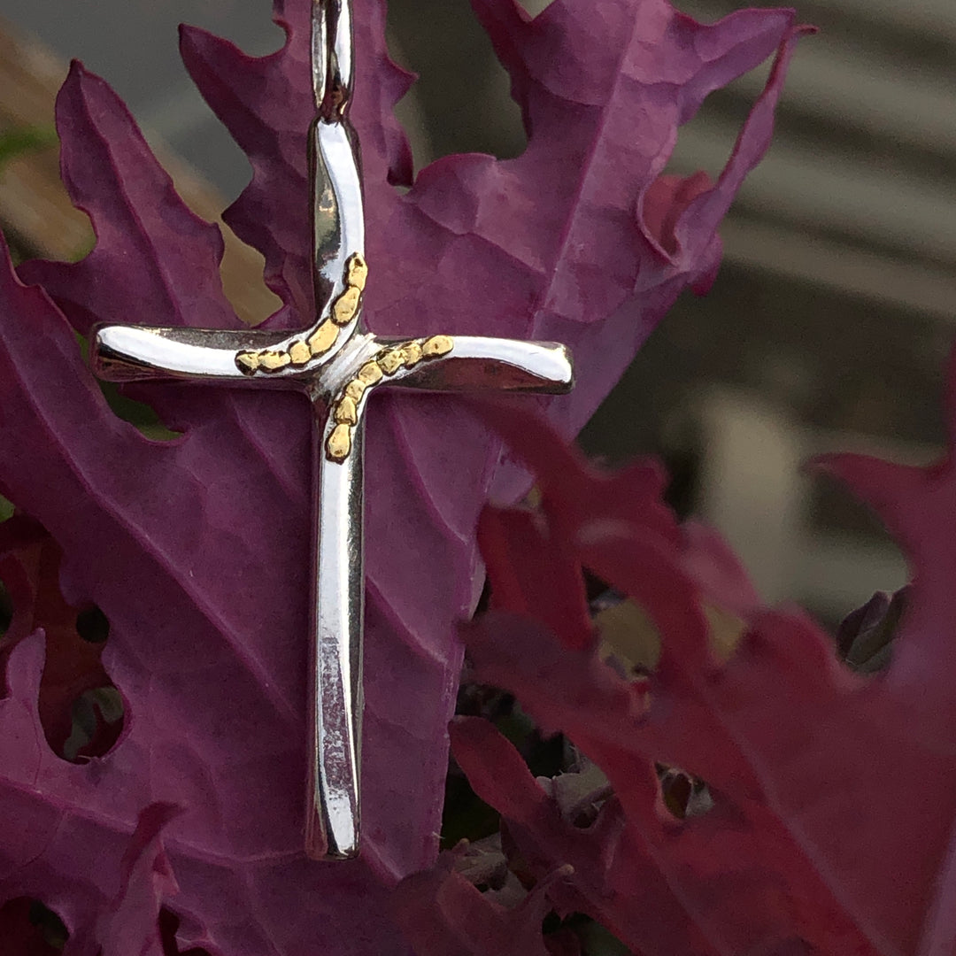 N123  Large Silver Curve Cross with Alaskan Gold Nuggets