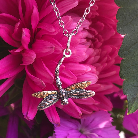 N100  Dragonfly Necklace .925 with Alaskan Gold Nuggets