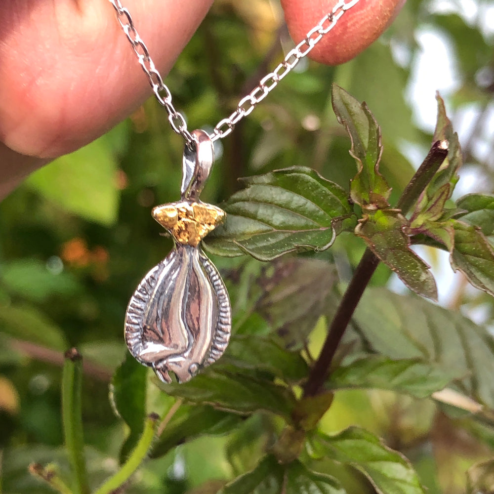 N103  Halibut Small Necklace .925 with Alaskan Gold Nuggets