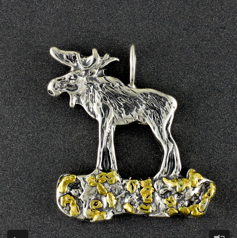 NTT019  Moose Large Necklace .925 with Alaskan Gold Nuggets