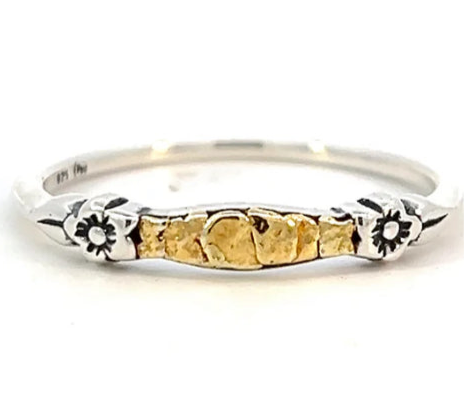 R183 Silver Flower & Gold Nugget Filled Ring