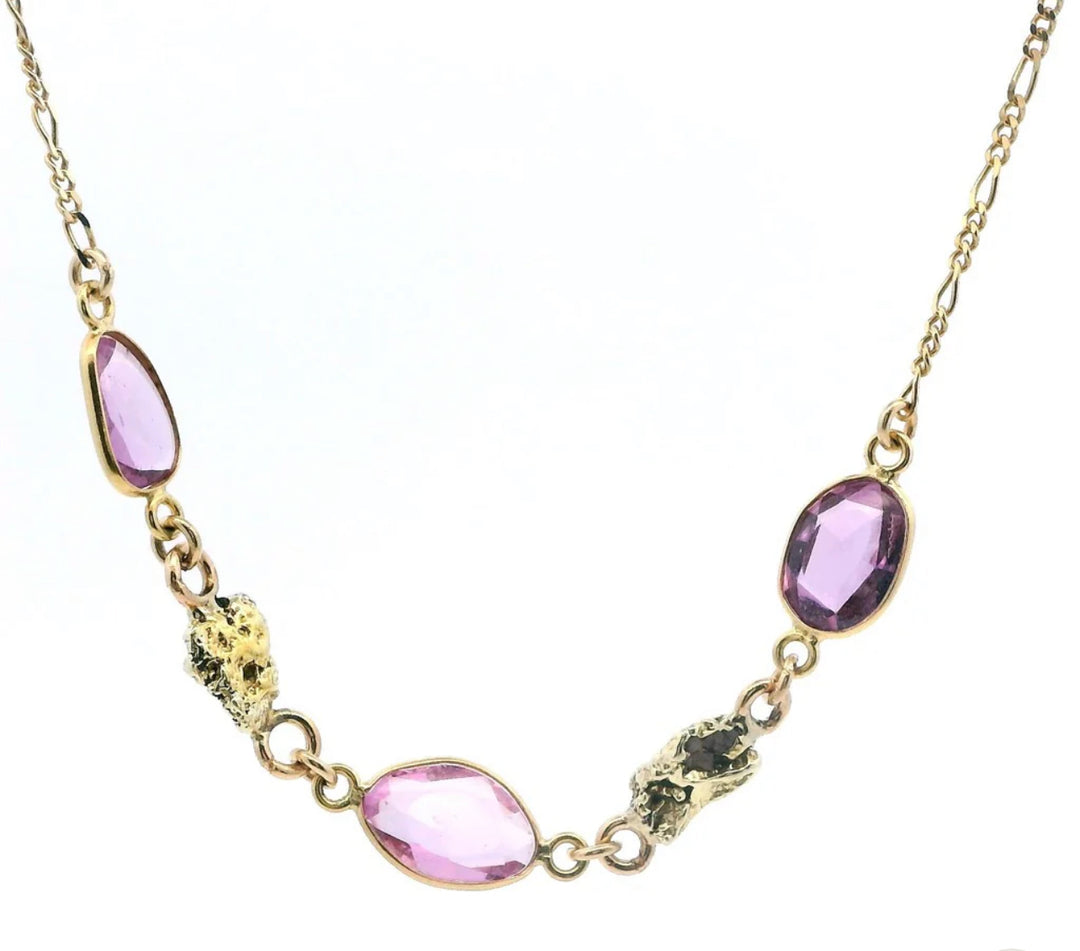 NC28-3 Pink Saphires and Alaskan Gold Nugget Necklace