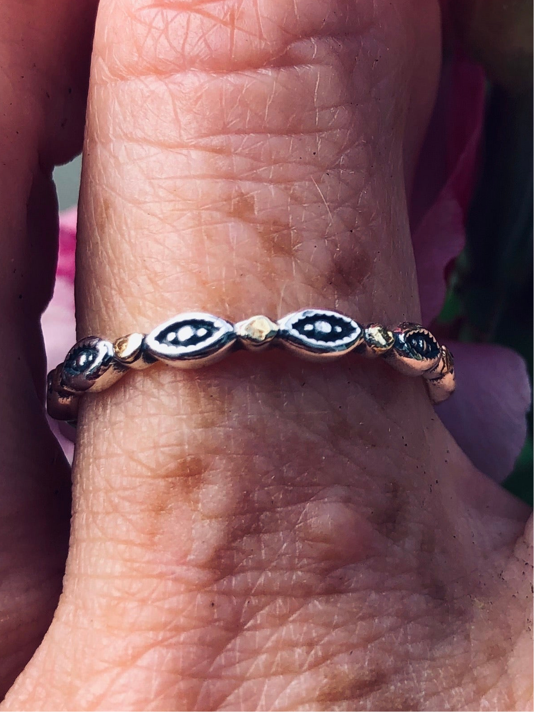 R011 Silver Stackable Eye Design Dot Ring .925 with Alaskan Gold Nuggets