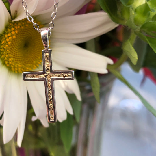 N032  Channel Cross pendant .925 with Alaskan Gold Nuggets